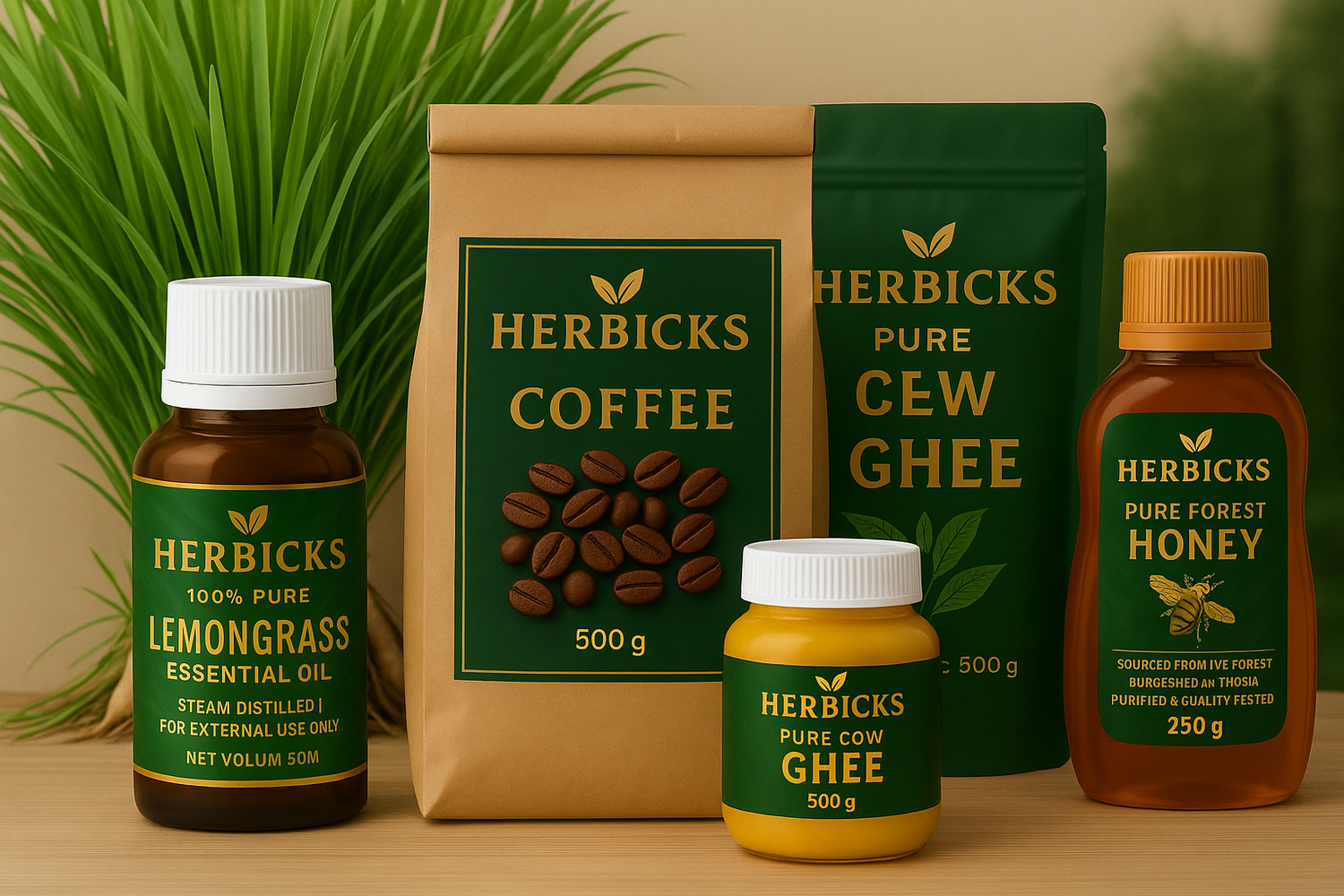Natural wellness products like essential oils, honey, tea, coffee, ghee, cold press machine and dried coconut pieces